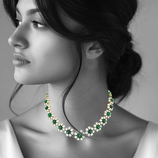 Polki Necklace with Emerald Accents and Blooming Design